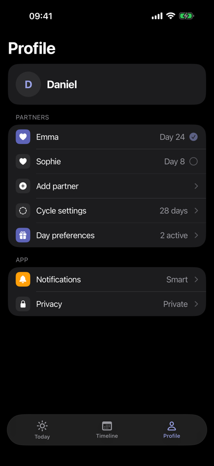 The Profile screen: partners Emma on day 24 and Sophie on day 8, an Add partner row, cycle settings at 28 days, day preferences, and Notifications and Privacy set to Smart and Private.
